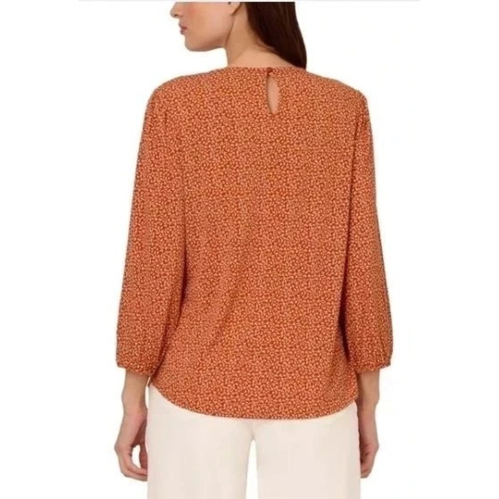 Adrianna Papell Womens 3/4 Sleeve Stretch Soft Blouse Orange Micro Print M - Picture 2 of 3